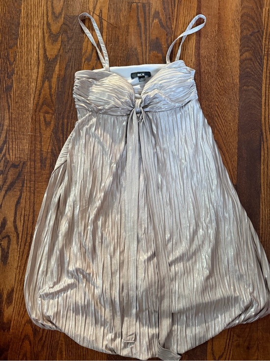 BCX Dresses & Skirts - BCX Metallic Pleated Spaghetti Strap Mini Dress in Champagne